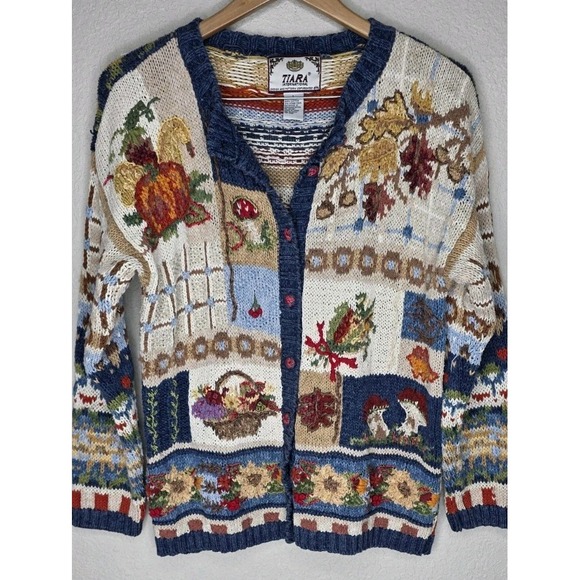 Tiara International Sweaters - Tiara International Harvest Farm Fall Patchwork Cardigan Sweater Cottage Knit Lg